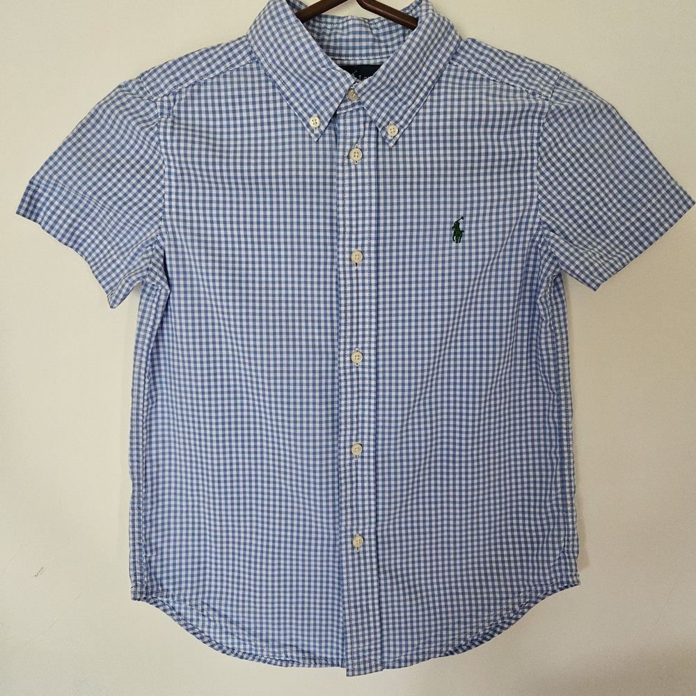 Ralph Lauren Boys Gingham Plaid Short Sleeve Button-Down Shirt Size 6 Blue White